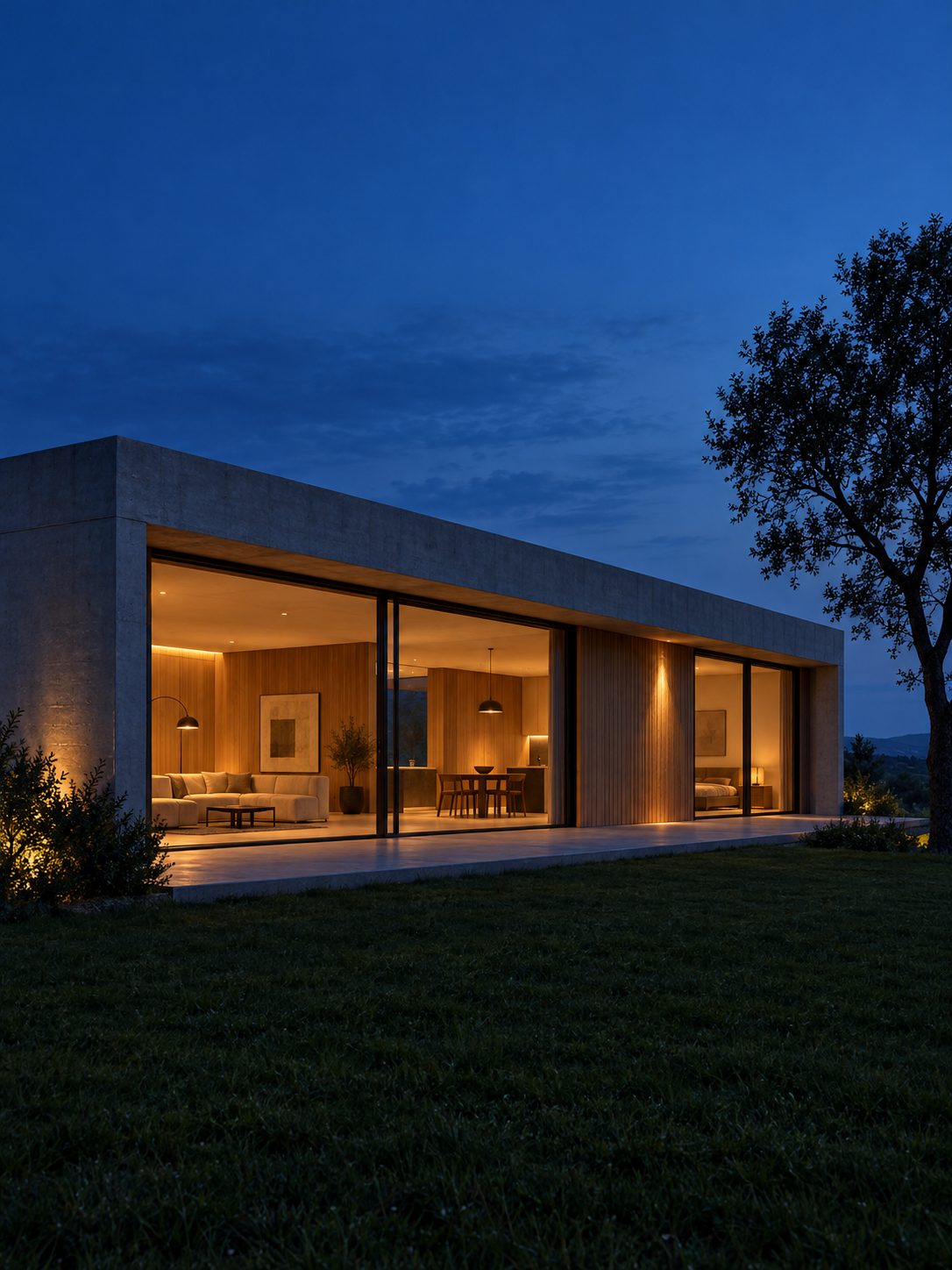 Concrete and timber villa at blue hour with glowing glass walls