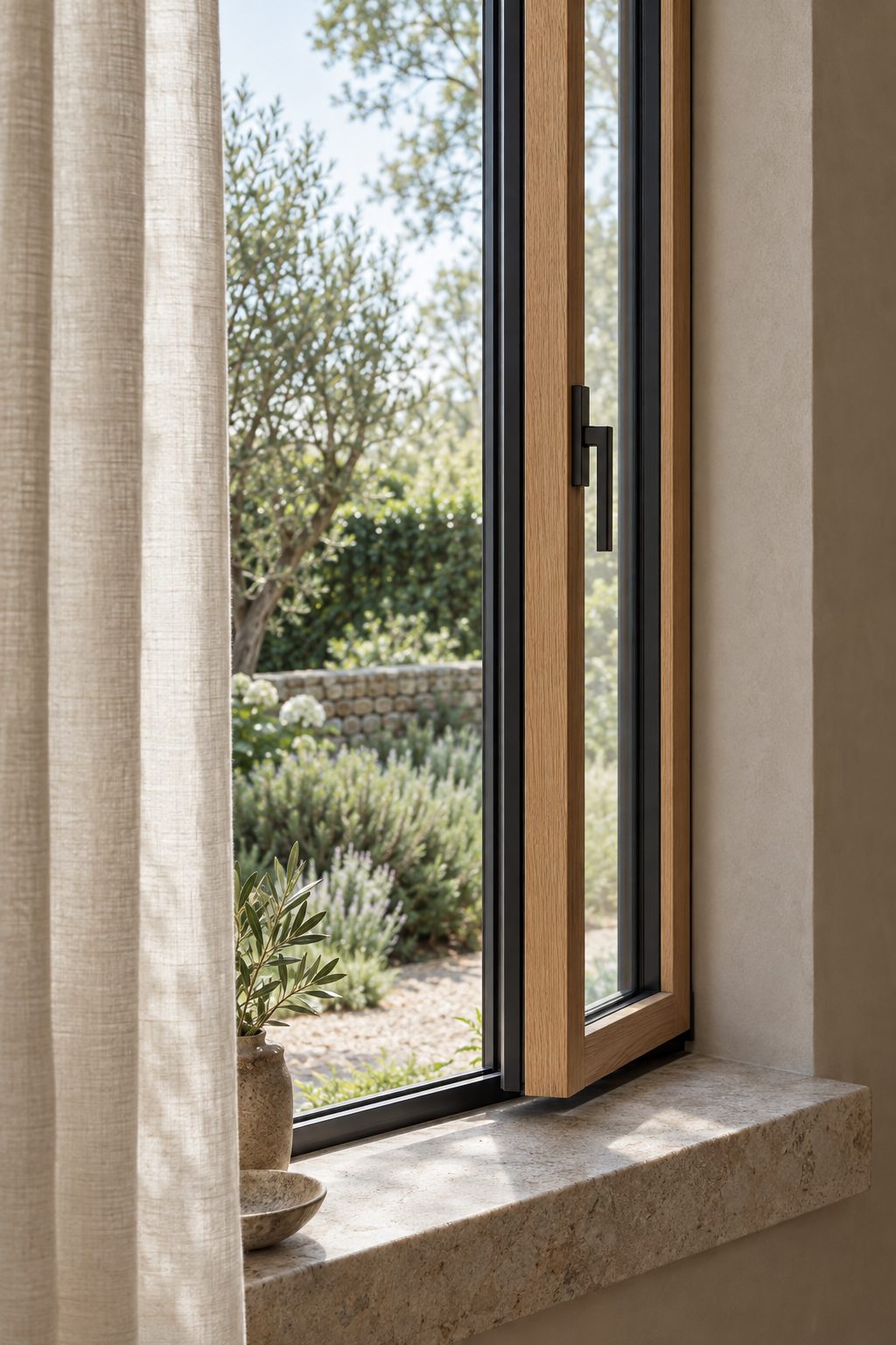 Slim oak and black aluminium window frame opening to a garden