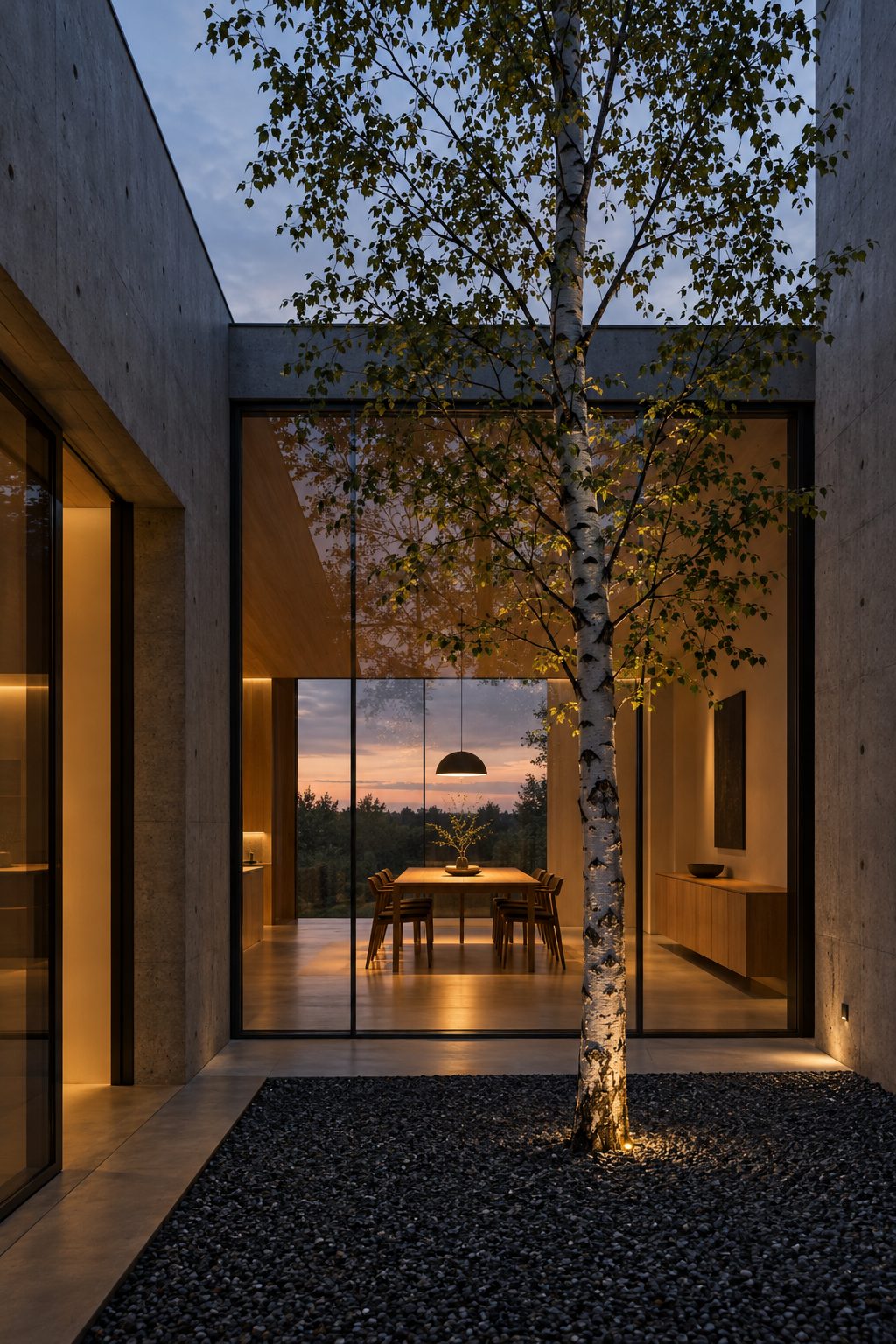Courtyard house with a birch tree framed by a glass wall